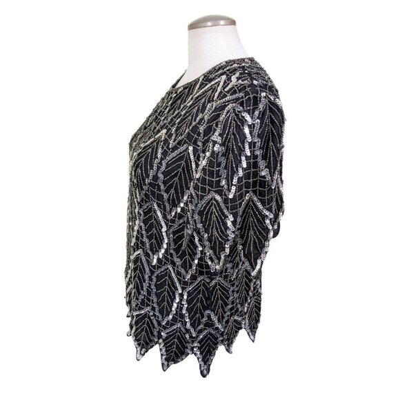 Laurence Kazar Vintage Silk Blouse Womens L Black Silver Sequin Holidays Event - Picture 4 of 7